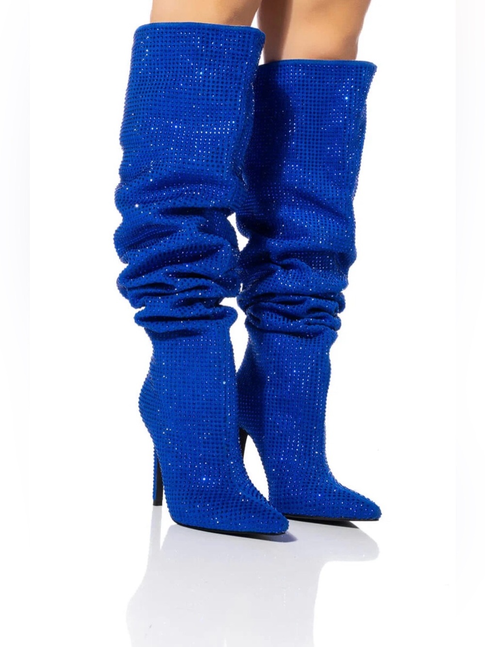 Azalea Wang Bella Bling Blue Rhinestone Thigh High Stiletto Boots Size 9